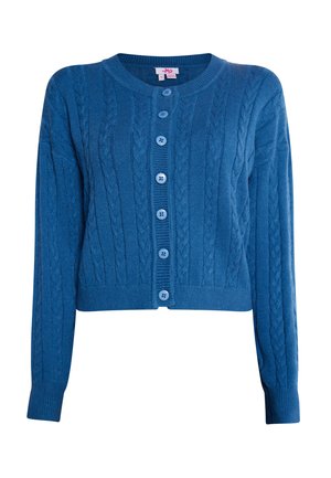 Cardigan en tricot bleu avec un col rond, des manches longues et six boutons bleus à l'avant. Poignets et ourlet à côtes.