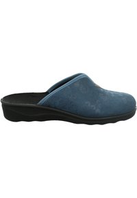 Blaue Stoff-Slipper mit floralen Mustern, weichem Obermaterial und schwarzer Gummisohle. Konturierte Form für Komfort und einfachen Tragekomfort.