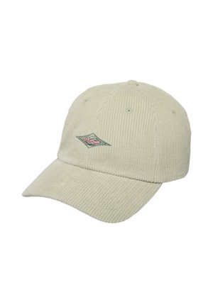Cappellino da baseball in velluto a coste color beige chiaro con un piccolo logo ricamato a forma di diamante al centro davanti.