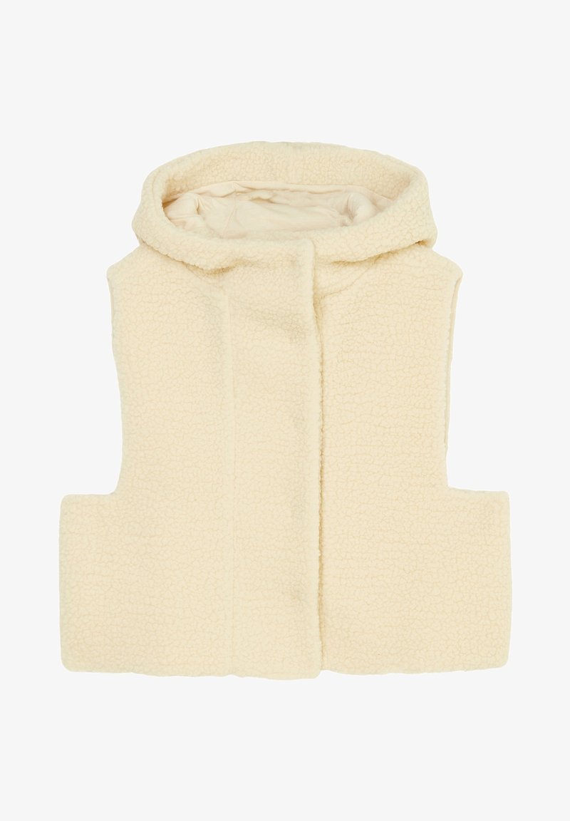 Kremowy polarowy kamizelka z wysokim kołnierzem, charakteryzująca się teksturowaną powierzchnią i otwartymi bokami. Posiada zapięcie z przodu oraz przytulny design.