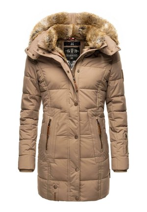Beige pufferjack met een met bont gevoerde capuchon, ritssluiting aan de voorkant en vier externe zakken. Heeft een geborduurd textuur en houten accenten.