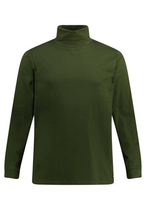 Olivgrünes, langärmliges Rollkragen-Shirt, aus einem weichen, leichten Stoff mit glatter Textur und ohne sichtbare Muster oder Hardware-Details.