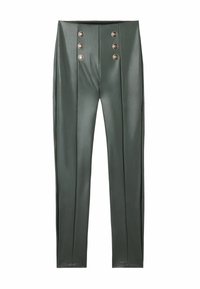 Groene neplederen broek met voorplooien en vijf decoratieve zilveren knopen in de hoge taille. Slim-fit ontwerp met rechte pijpen.