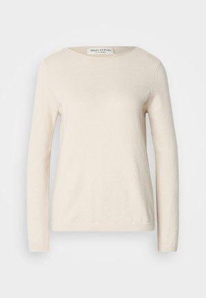 Langärmliger, cremefarbener Pullover aus weicher Wolle, mit Rundhalsausschnitt und Strickstruktur, lockerer Passform und schlichtem Design.