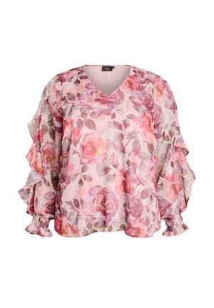 Pink floral blouse with long puffed sleeves, V-neckline, and ruffled elastic cuffs, featuring soft rose and mauve tones.
