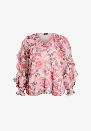 Rosa geblümte Bluse mit langen, ballonförmigen Ärmeln, V-Ausschnitt und gerafften elastischen Bündchen, in sanften Rosen- und Mauvetönen.