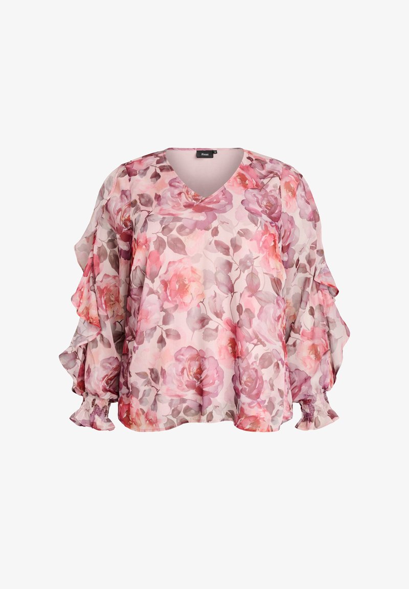 Růžová květinová halenka s dlouhými nafouklými rukávy, výstřihem do V a volánkovými elastickými manžetami, v jemných tónech růže a mauve.