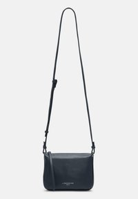 Piccola borsa a tracolla in pelle blu navy con tracolla regolabile e cerniera frontale, con marchio "Liebeskind Berlin" sul davanti.
