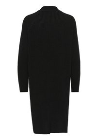 Lungo cardigan nero a coste con un collo alto, maniche lunghe e spacchi laterali nella parte inferiore. Realizzato in morbido tessuto lavorato a maglia.