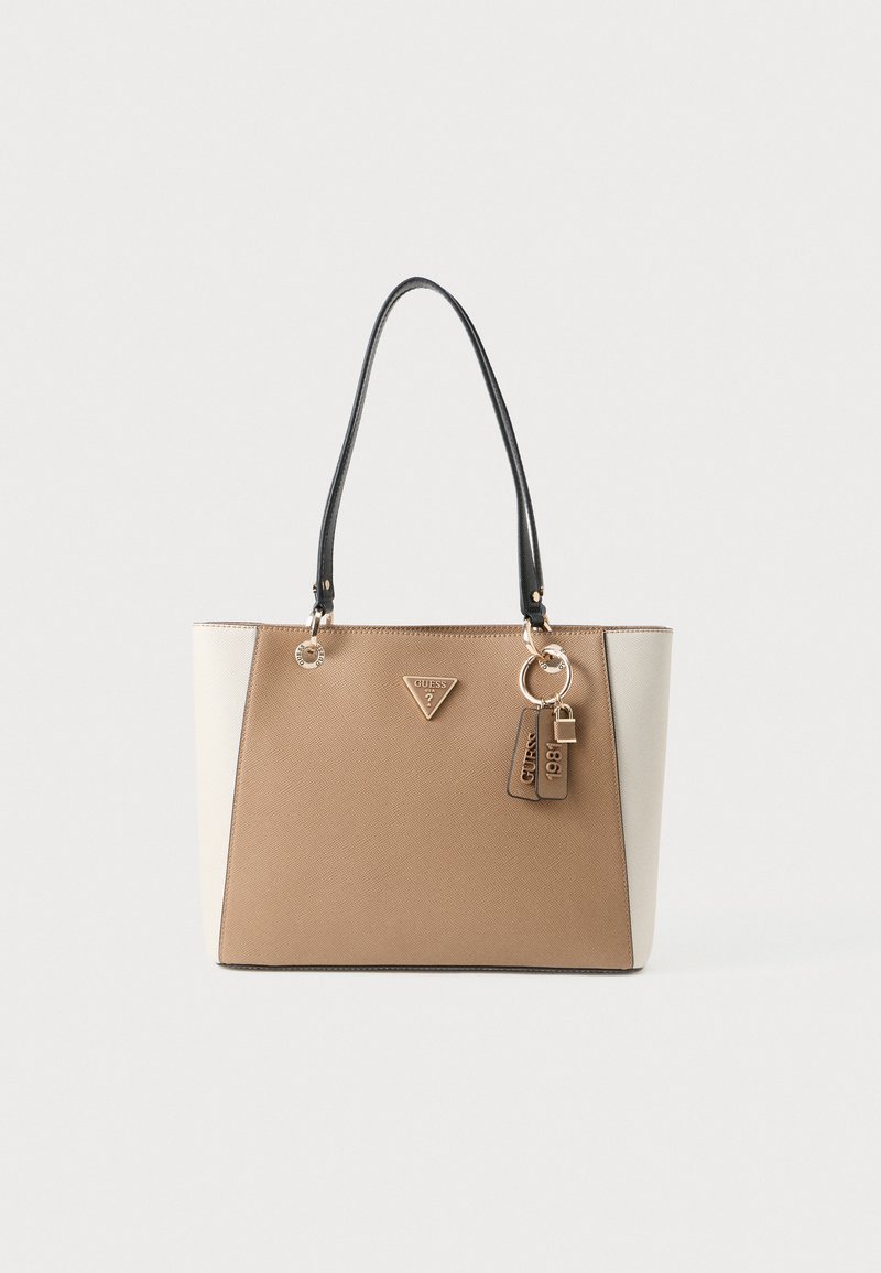 Borsa a tracolla realizzata in materiale sintetico beige e crema dalle texture, con doppi manici neri, dettagli in tonalità oro e branding sul fronte.