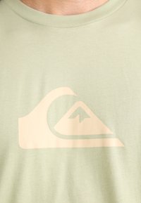 Light green cotton t-shirt with a large beige wave and mountain logo printed on the front. Classic crew neck design, smooth texture.