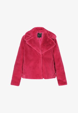 Fauxfuren jas in felroze met een uitgesneden kraag, lange mouwen en een zachte textuur. Voorzien van een verborgen voorkantsluiting en zijzakken.