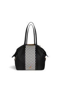 Zwarte handtas met twee lange hengsels, een centraal geometrisch patroon in grijs en wit, en gouden rits- en logo-details.