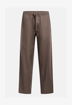 Brązowe luźne spodnie z elastycznym pasem i sznurkiem, proste nogawki oraz gładka faktura tkaniny na białym tle.
