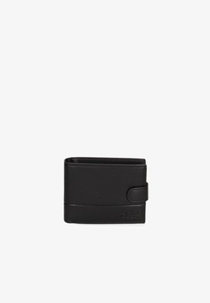 Portafoglio in pelle nera con una texture liscia, forma rettangolare, chiusura a scatto e logo embossato sul lato. Design compatto e minimalista.