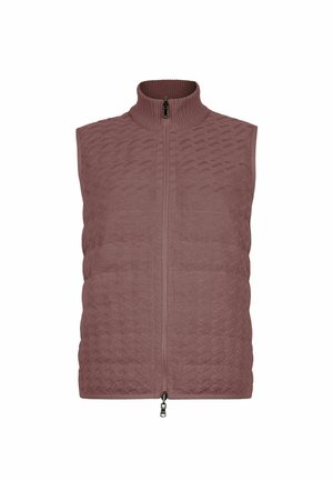 Gilet matelassé sans manches mauve avec col montant côtelé et fermeture éclair bidirectionnelle sur toute la longueur, motif en tricot texturé sur l'ensemble.
