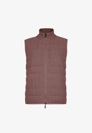 Bezrukawny, pikowany kamizelka w kolorze mauve z wysokim, prążkowanym kołnierzem i dwukierunkowym zamkiem na całej długości, o fakturowanym wzorze dzianinowym.