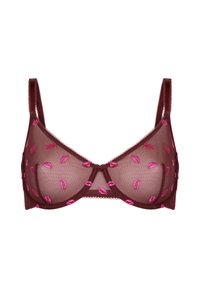 Καφέ σουτιέν από δίχτυ με κεντημένο ροζ φιλί· σχέδιο με μπανέλα, ρυθμιζόμενες τιράντες, κυματιστά άκρα και κούμπωμα με γάντζο στο κέντρο μπροστά.