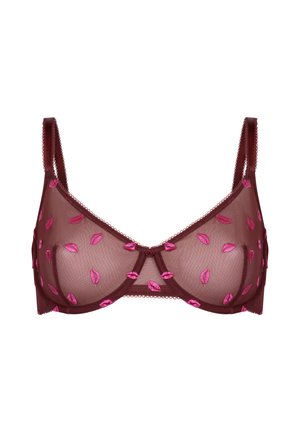 Bruine mesh beha met roze lipborduursel; beugelontwerp, verstelbare bandjes, getande randen en haaksluiting aan de voorkant in het midden.