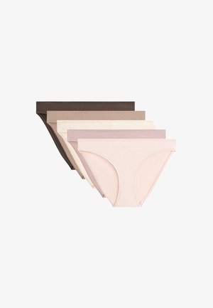 Five pairs of women's cotton briefs in various neutral colors: dark brown, light brown, beige, light pink, and mauve. Simple design and no patterns.