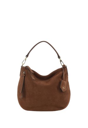 Brown suede handbag with a single curved handle, a zipper on the side, and a small attached pouch with a logo detail.