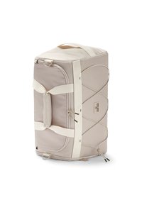 Borsa a duffel beige chiaro con finitura testurizzata, dotata di manici laterali, una tracolla regolabile e un dettaglio a corda bungee incrociata.
