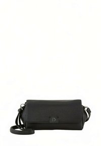 Pochette en cuir noir avec une surface texturée, forme rectangulaire, rabat avant avec fermeture, et une bandoulière réglable.