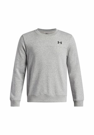 Lichtgrijze unisex sweat met ronde hals en lange mouwen, met geribbelde manchetten en zoom, met een klein zwart Under Armour-logo op de linkerborst.