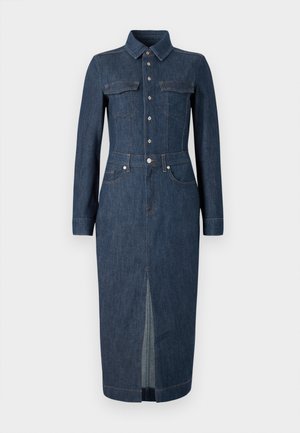 Denim dress with long sleeves, classic collar, front pockets, and button closure. Dark blue with a central slit at the hem for ease of movement.