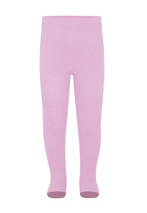 Rosa Baumwollstrumpfhosen mit langen Beinen und gerippter Textur. Weiche Haptik mit einem etwas dunkleren Rosa in der Fußpartie.