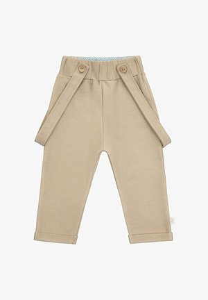 Beżowe spodnie z szelkami, z guzikiem w talii, z podwiniętymi mankietami oraz niebieską kraciastą podszewką w pasie. Miękka tekstura materiału.