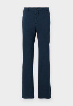 Navy blue cotton trousers with a straight leg design, featuring a front button closure and belt loops, smooth texture, and tailored fit.