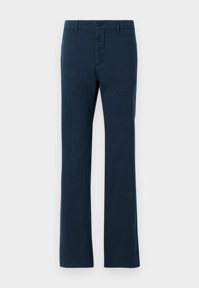 Navy blue cotton trousers with a straight leg design, featuring a front button closure and belt loops, smooth texture, and tailored fit.