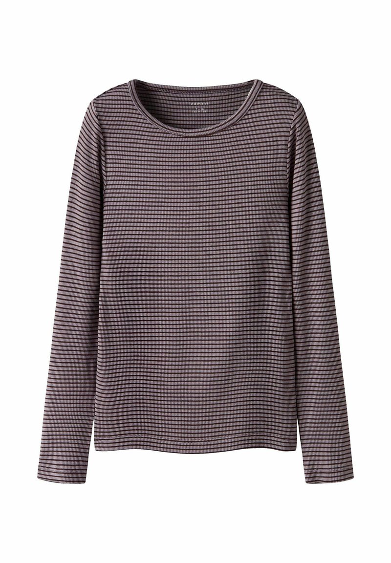 Langslavige geribde shirt met smalle horizontale zwarte en donkergrijze strepen en een ronde halslijn.