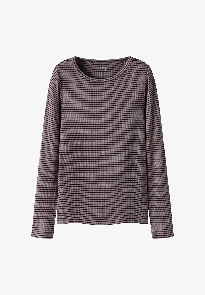 Langslavige geribde shirt met smalle horizontale zwarte en donkergrijze strepen en een ronde halslijn.