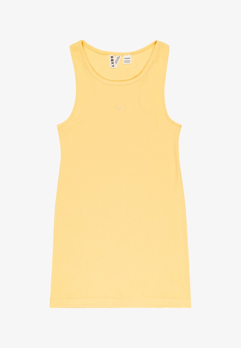 Žluté tankové šaty s kulatým výstřihem a širokými ramínky. Vyrobené z hladkého bavlněného materiálu, s malým embosovaným logem na hrudi.