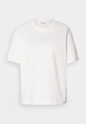 T-shirt de algodão branco com mangas curtas, decote redondo, corte solto e textura suave; sem padrões ou hardware visível.