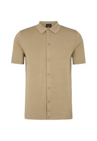 Korte mouwen beige gebreide polo met een klassieke kraag, voorzien van een knoopsluiting aan de voorkant en een gladde textuur. Geen zichtbare patronen of accenten.