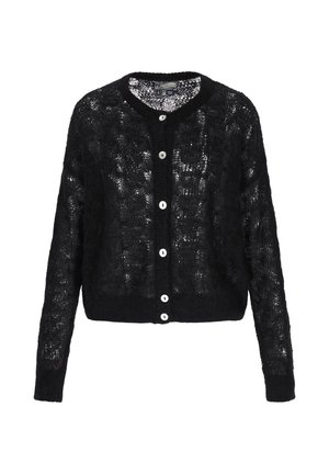 Cardigan negro de punto abierto con mangas largas, escote redondeado y seis botones blancos en el frente. Textura suave, diseño recortado.