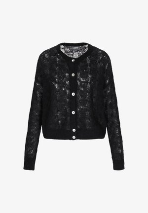 Cardigan negro de punto abierto con mangas largas, escote redondeado y seis botones blancos en el frente. Textura suave, diseño recortado.