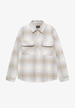 Beige ja vaaleansinisellä ruutukuvioisella flanellipaidalla on kaksi etutaskua, kaulus ja napitukset pehmeässä, tekstuurisessa kankaassa.