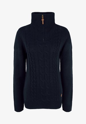 Navy knitted sweater with a high collar, featuring a cable knit pattern and a half-zip closure. Ribbed cuffs and hem. Leather logo accent.