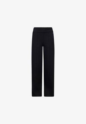 Zwarte wijde broek gemaakt van zachte stof. Heeft een elastische tailleband en zichtbare stikdetails voor een gestructureerde uitstraling.