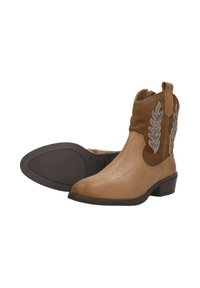 Bruine leren enkellaarsjes met suède accenten en een gegraveerd loofdesign, voorzien van een lage blokhak en een ronde neus. Vlakke rubberen zool.