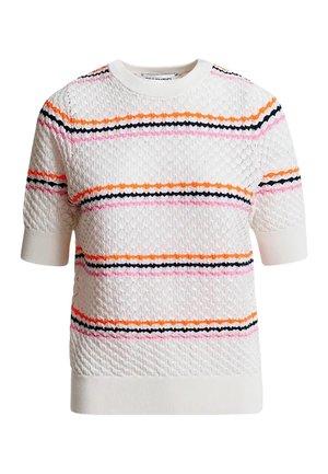 Maglione bianco a maniche corte in maglia con motivo strutturato e strisce orizzontali in arancione, rosa e nero su petto e maniche.