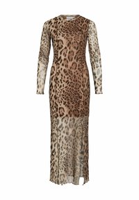 Lång genomskinlig klänning i brun och beige leopardmönster med långa ärmar och en åtsittande siluett.