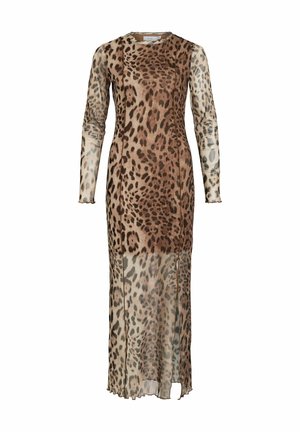 Lange doorschijnende bruin en beige jurk met luipaardprint, lange mouwen en een aansluitende pasvorm.