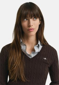 Brauner Kabelstrickpullover mit V-Ausschnitt, über einem hellblauen und weißen gestreiften Kragenhemd getragen, das ein kleines Logo auf der Brust hat.