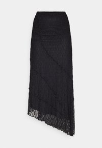 Falda midi de encaje negro con dobladillo asimétrico, patrón texturizado y detalles fruncidos a lo largo de la cintura y las costuras.