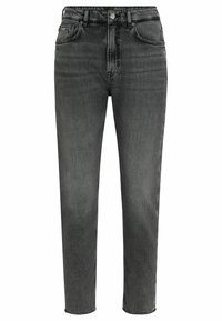 Musta korkea vyötäröiset farkut suoranlahkeisina, valmistettu denimestä, joka sisältää kontrastiväriset ompeleet ja viisi taskua.